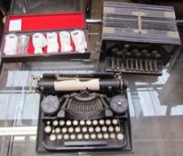 A Mastertone squeeze box together with an Underwood typewriter and a set of pewter goblets