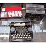 A Mastertone squeeze box together with an Underwood typewriter and a set of pewter goblets