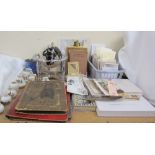 A mother of pearl and hardstone globe together with assorted crested wares, postcards,
