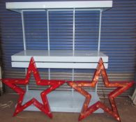 A pair of metal two tier work benches / racking together with a pair of red star lights