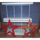 A pair of metal two tier work benches / racking together with a pair of red star lights