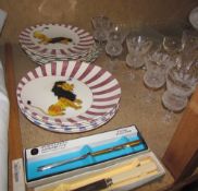 Mason's Hand painted Circusland plates together with thistle shaped drinking glasses,