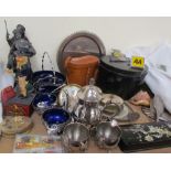 A pair of spelter figures together with an Uncle Sam money box, chrome plated part tea set,