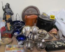 A pair of spelter figures together with an Uncle Sam money box, chrome plated part tea set,