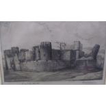 After Graham Jones Caerphilly Castle An etching Together with a mirror and other prints