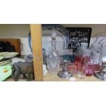 Assorted meat plates together with part coffee set, coloured glasses, electroplated flatwares,