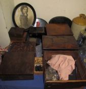 A sarcophagus jewellery box together with tea caddies, chess set, print,