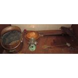 A copper coal scuttle together with a copper warming pan, toasting forks, mincer,
