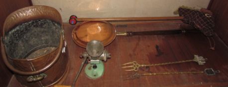 A copper coal scuttle together with a copper warming pan, toasting forks, mincer,