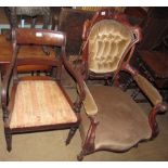 A Victorian walnut framed library chair with a button back upholstered back,
