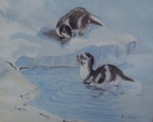 H J Strudwick Otters Oil on board Together with assorted prints etc