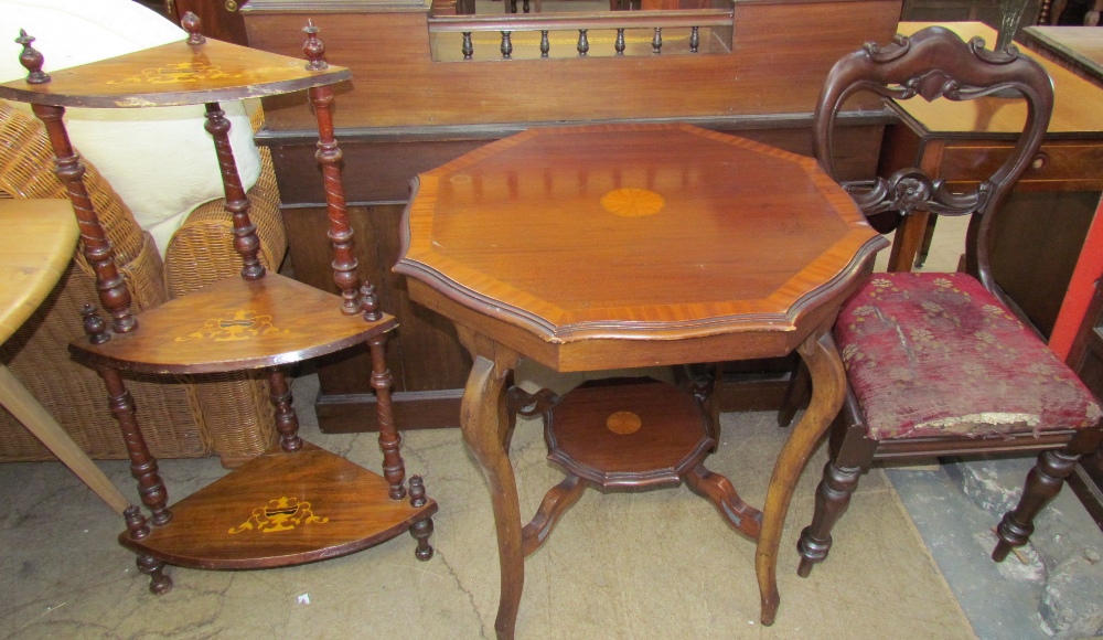 An inlaid Edwardian mahogany occasional table together with a Victorian walnut corner whatnot and a