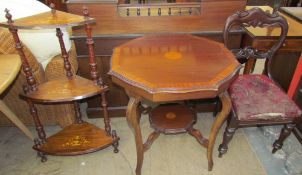 An inlaid Edwardian mahogany occasional table together with a Victorian walnut corner whatnot and a