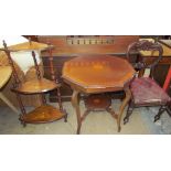 An inlaid Edwardian mahogany occasional table together with a Victorian walnut corner whatnot and a