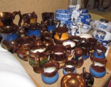 Assorted copper lustre jugs together with blue and white pottery, truncheon, theatre programmes,