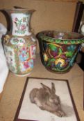 A pair of Chinese porcelain vases together with a majolica jardiniere and a print after Durer