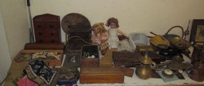 A brass spit jack together with a scales, brass and copper wares, slipper bed pan, dolls, marbles,