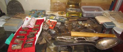 Assorted coins and banknotes together with badges,