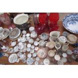 A blue and white pottery water bowl together with a ginger jar and cover, jugs, vases, plates,