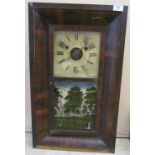 A late 19th century mahogany framed wall clock with a painted panel front