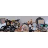 A mantle clock together with Salter scales, cameras, assorted ceramics barometer, timer, standish,
