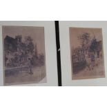 Frank Dickson Farmstead Etching Pencil signature Together with a pair of Japanese watercolours