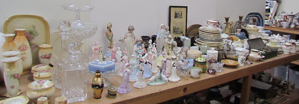 A Collection of Coalport ladies together with Nao figures, Wedgwood part tea sets, decanters,