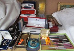 A Sheaffer prelude propelling pencil together with an Elysee fountain pen, other pens, lighter,