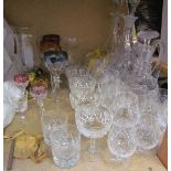 Crystal decanters together with drinking glasses, coloured glasses,