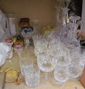 Crystal decanters together with drinking glasses, coloured glasses,