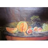 An oil painting of a still life study of fruit together with a David Shepherd print and a Brussels