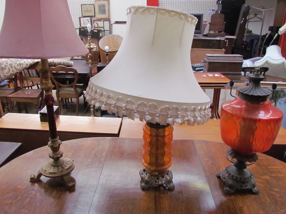 A Victorian upholstered chair together with three table lamps and a candelabra - Image 2 of 3