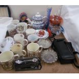 Commemorative mugs together with carnival glass bowl,