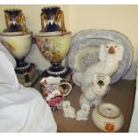 A pair of pottery vases together with blue and white pottery meat plates, Staffordshire type dogs,