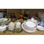Floral decorated plates together with commemorative china, Royal Doulton stonewares, horse brasses,