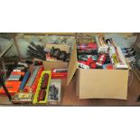 Assorted Scalextric cars, track etc together with Hornby Railways trains and carriages,