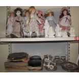 Assorted collectors dolls together with records, an Ironstone part tea set,