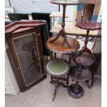 A reproduction mahogany hanging corner cupboard together with reproduction wine tables,