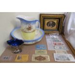 A pottery jug and basin, together with assorted bank notes,