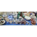 A blue and white part tea set together with assorted tea cups, part tea set, drinking glasses,