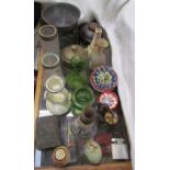 An art nouveau pewter centre dish together with paperweights,