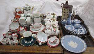 Wedgwood jasper wares together with Royal Albert cups and saucers, other part tea sets, delft tray