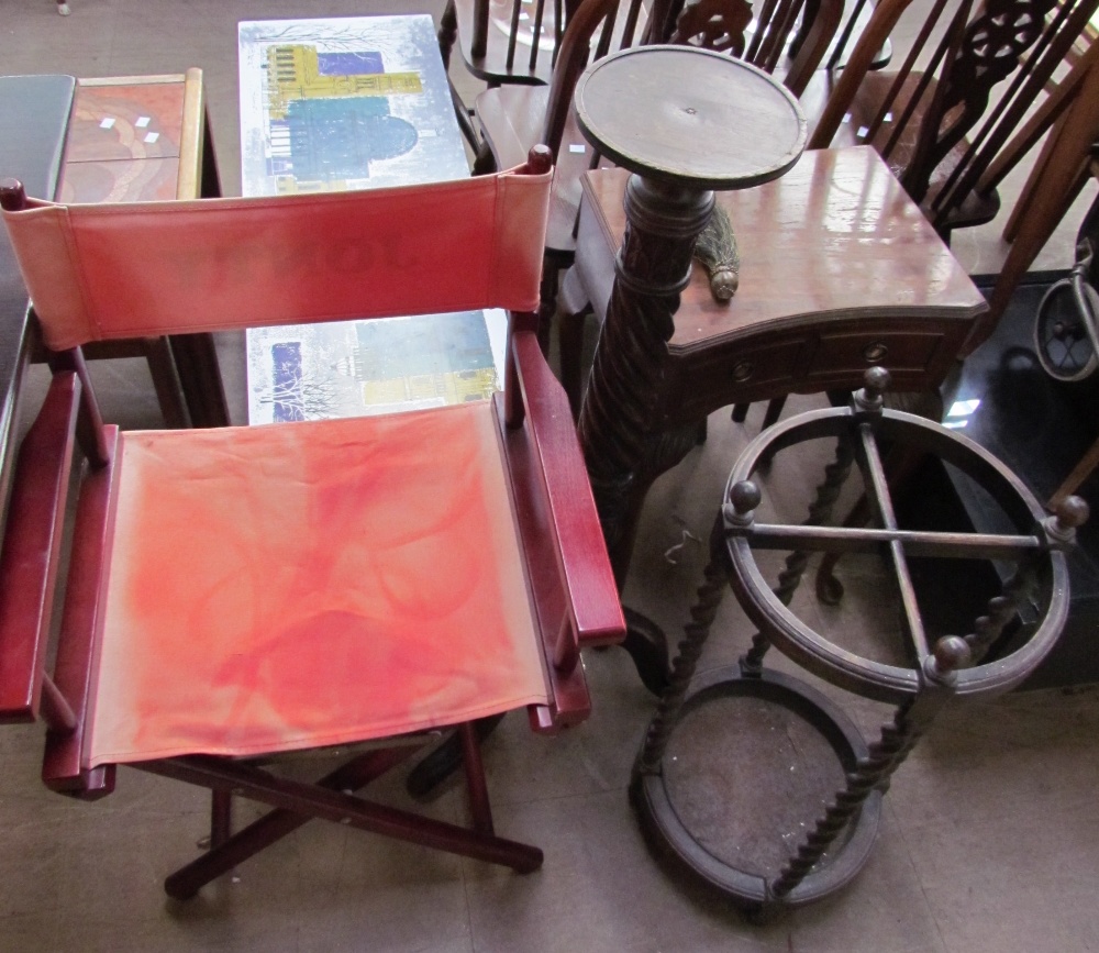 A melamine topped coffee table together with a directors chair, a torchere, a mahogany side table