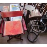 A melamine topped coffee table together with a directors chair, a torchere, a mahogany side table