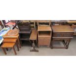 A tiled top nest of tables together with an oak Canterbury bookcase, oak side table, oak bedside