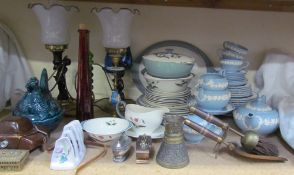 A pair of bronzed cherub table lamps together with a Wedgwood Queen's ware part dinner and tea