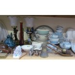 A pair of bronzed cherub table lamps together with a Wedgwood Queen's ware part dinner and tea