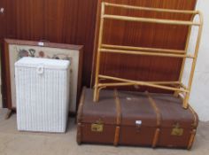 An oak framed woolwork decorated fire screen together with a loom laundry basket, a towel rail and a