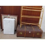 An oak framed woolwork decorated fire screen together with a loom laundry basket, a towel rail and a