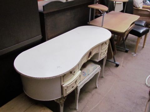 A cream dressing table together with a matching stool and a computer table, a foot stool, a copper